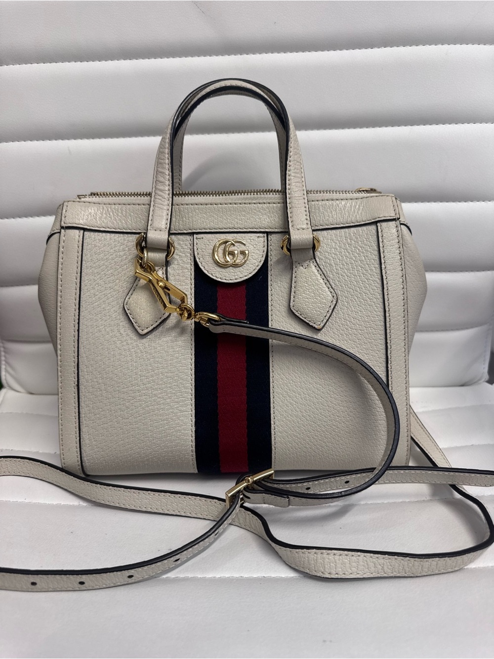 Gucci Cream Leather Mini Satchel with Navy and Red Web Stripe